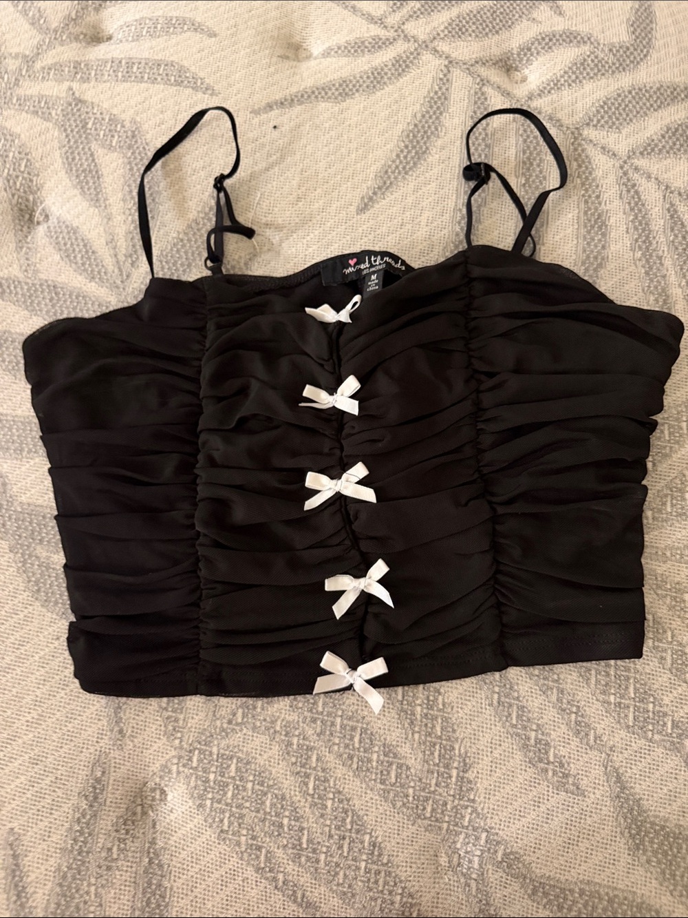 Ruched Black Cami Top with White Bow Accents